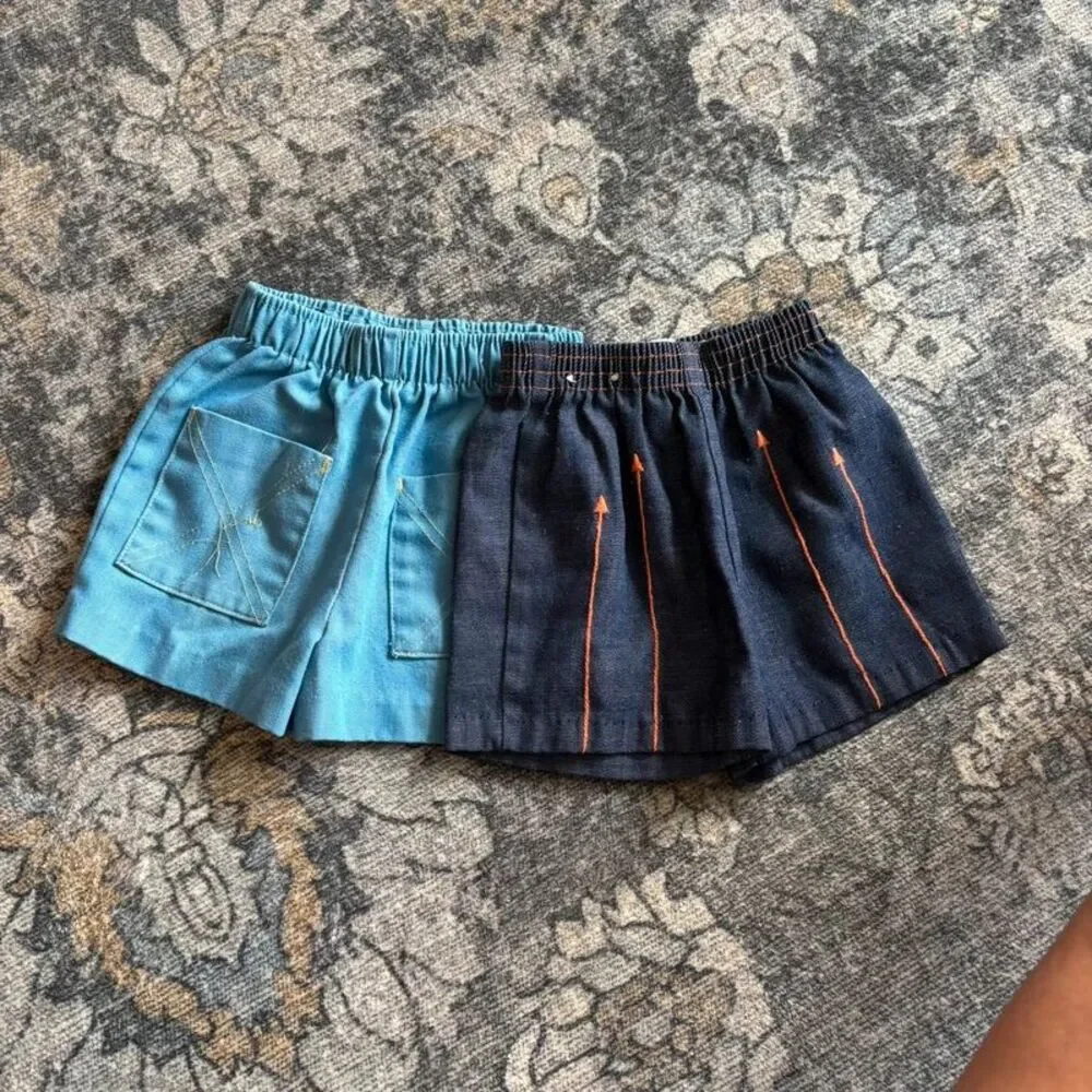 Vintage 1970s Toddler Boys Shorts Lot T2 Denim Blue Orange Retro